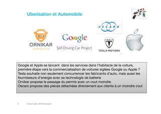 hicham sabre @hichamsabre9
Uberisation et Automobile
Google et Apple se lancent dans les services dans l’habitacle de la voiture,
première étape vers la commercialisation de voitures siglées Google ou Apple ?
Tesla souhaite non seulement concurrencer les fabricants d’auto, mais aussi les
fournisseurs d’energie avec sa technologie de batterie
Ornikar propose le passage du permis avec un cout moindre
Oscaro propose des piéces détachées directement aux clients à un moindre cout
 
