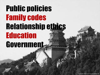 Public policies
Family codes
Relationship ethics
Education
Government

 