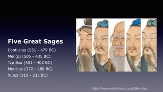 Five Great Sages
Confucius (551 - 479 BC)
Mengzi (505 - 435 BC)
Tzu Ssu (481 - 402 BC)
Mencius (372 - 289 BC)
Xunzi (310 -...