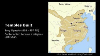 Temples Built
Tang Dynasty (618 - 907 AD)
Confucianism became a religious
institution.
https://www.worldhistory.org/Confucius/
 