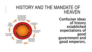 HISTORY AND THE MANDATE OF
HEAVEN
Confucian ideas
of history
established
expectations of
good
government and
good emperors.
 