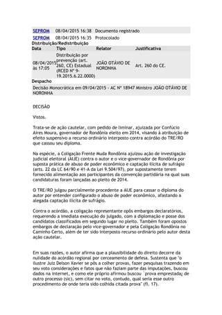 SEPROM 08/04/2015 16:38 Documento registrado
SEPROM 08/04/2015 16:35 Protocolado
Distribuição/Redistribuição
Data Tipo Relator Justificativa
08/04/2015
às 17:05
Distribuição por
prevenção (art.
260, CE) Estadual
(RCED Nº 9-
19.2015.6.22.0000)
JOÃO OTÁVIO DE
NORONHA
Art. 260 do CE.
Despacho
Decisão Monocrática em 09/04/2015 - AC Nº 18947 Ministro JOÃO OTÁVIO DE
NORONHA
DECISÃO
Vistos.
Trata-se de ação cautelar, com pedido de liminar, ajuizada por Confúcio
Aires Moura, governador de Rondônia eleito em 2014, visando à atribuição de
efeito suspensivo a recurso ordinário interposto contra acórdão do TRE/RO
que cassou seu diploma.
Na espécie, a Coligação Frente Muda Rondônia ajuizou ação de investigação
judicial eleitoral (AIJE) contra o autor e o vice-governador de Rondônia por
suposta prática de abuso de poder econômico e captação ilícita de sufrágio
(arts. 22 da LC 64/90 e 41-A da Lei 9.504/97), por supostamente terem
fornecido alimentação aos participantes da convenção partidária na qual suas
candidaturas foram lançadas ao pleito de 2014.
O TRE/RO julgou parcialmente procedente a AIJE para cassar o diploma do
autor por entender configurado o abuso de poder econômico, afastando a
alegada captação ilícita de sufrágio.
Contra o acórdão, a coligação representante opôs embargos declaratórios,
requerendo a imediata execução do julgado, com a diplomação e posse dos
candidatos classificados em segundo lugar no pleito. Também foram opostos
embargos de declaração pelo vice-governador e pela Coligação Rondônia no
Caminho Certo, além de ter sido interposto recurso ordinário pelo autor desta
ação cautelar.
Em suas razões, o autor afirma que a plausibilidade do direito decorre da
nulidade do acórdão regional por cerceamento de defesa. Sustenta que "o
ilustre Juiz Delson Xavier se pôs a colher provas, fazer pesquisas trazendo em
seu voto considerações e fatos que não faziam parte das imputações, buscou
dados na internet, e como ele próprio afirmou buscou `prova emprestada¿ de
outro processo (sic), sem citar no voto, contudo, qual seria esse outro
procedimento de onde teria sido colhida citada prova" (fl. 17).
 