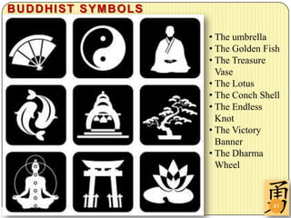BUDDHIST SYMBOLS

                   • The umbrella
                   • The Golden Fish
                   • The Treasure
                     Vase
                   • The Lotus
                   • The Conch Shell
                   • The Endless
                     Knot
                   • The Victory
                     Banner
                   • The Dharma
                     Wheel



                                  41
 