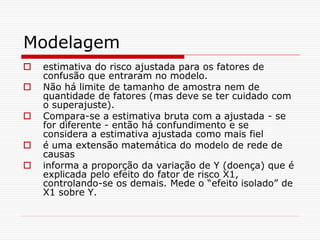 Modelagem
 estimativa do risco ajustada para os fatores de
confusão que entraram no modelo.
 Não há limite de tamanho de amostra nem de
quantidade de fatores (mas deve se ter cuidado com
o superajuste).
 Compara-se a estimativa bruta com a ajustada - se
for diferente - então há confundimento e se
considera a estimativa ajustada como mais fiel
 é uma extensão matemática do modelo de rede de
causas
 informa a proporção da variação de Y (doença) que é
explicada pelo efeito do fator de risco X1,
controlando-se os demais. Mede o “efeito isolado” de
X1 sobre Y.
 