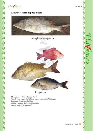 Page 15 of 70




Emperor/Mula/pigface bream




Malayalam: valiya vilmeen, Kurali
Tamil: valai meen, Kulli kozhi meen, Vannatthi, Vilaimeen
Kannada: Erimeenu, Kokkare
Arabic : shaour, Sheiri Arabi,gahash
Mulla, Gadeer(in pakistan)




                                                            Subscribe in a reader
 