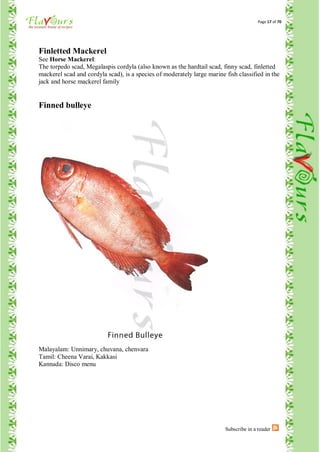 Page 17 of 70




Finletted Mackerel
See Horse Mackerel:
The torpedo scad, Megalaspis cordyla (also known as the hardtail scad, finny scad, finletted
mackerel scad and cordyla scad), is a species of moderately large marine fish classified in the
jack and horse mackerel family


Finned bulleye




Malayalam: Unnimary, chuvana, chenvara
Tamil: Cheena Varai, Kakkasi
Kannada: Disco menu




                                                                         Subscribe in a reader
 