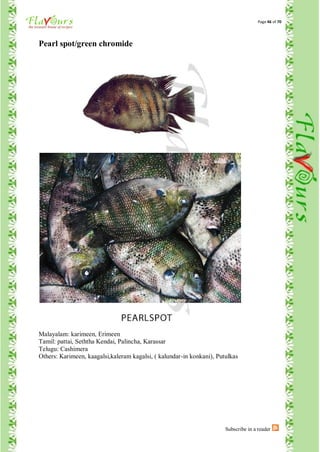 Page 46 of 70




Pearl spot/green chromide




Malayalam: karimeen, Erimeen
Tamil: pattai, Seththa Kendai, Palincha, Karassar
Telugu: Cashimera
Others: Karimeen, kaagalsi,kaleram kagalsi, ( kalundar-in konkani), Putulkas




                                                                       Subscribe in a reader
 