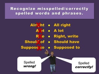 Recognize misspelled/correctly
spelled words and phrases.
Alright ● All right
Alot ● A lot
Rite ● Right, write
Should of ● Should have
Suppose to ● Supposed to
X
X
X
X
X
Spelled
correctly!
Spelled
wrong!
 