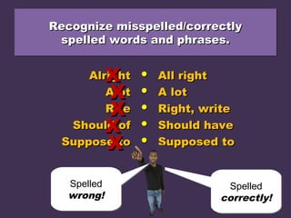 Recognize misspelled/correctlyRecognize misspelled/correctly
spelled words and phrases.spelled words and phrases.
Recognize misspelled/correctlyRecognize misspelled/correctly
spelled words and phrases.spelled words and phrases.
AlrightAlright ●● All rightAll right
AlotAlot ●● A lotA lot
RiteRite ●● Right, writeRight, write
Should ofShould of ●● Should haveShould have
Suppose toSuppose to ●● Supposed toSupposed to
XX
XX
XX
XX
XX
Spelled
correctly!
Spelled
correctly!
Spelled
wrong!
Spelled
wrong!
 