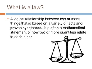 What is a law?
   A logical relationship between two or more
    things that is based on a variety of facts and
    proven hypotheses. It is often a mathematical
    statement of how two or more quantities relate
    to each other.
 