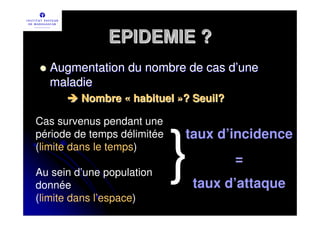 EPIDEMIE ?
  Augmentation du nombre de cas d’une
  maladie
         Nombre « habituel »? Seuil?

Cas survenus pendant une



                             }
période de temps délimitée   taux d’incidence
(limite dans le temps)
                                       =
Au sein d’une population
donnée                           taux d’attaque
(limite dans l’espace)
 
