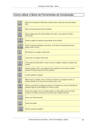 Confecção de Web Pages - Básico




Como utilizar a Barra de Ferramentas de Composição




            Divisão de Serviços Comunidade – Centro de Computação - Unicamp   26
 