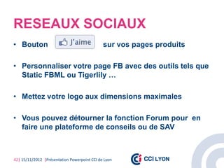 RESEAUX SOCIAUX
• Bouton                                      sur vos pages produits

• Personnaliser votre page FB avec des outils tels que
  Static FBML ou Tigerlily …

• Mettez votre logo aux dimensions maximales

• Vous pouvez détourner la fonction Forum pour en
  faire une plateforme de conseils ou de SAV



42| 15/11/2012 |Présentation Powerpoint CCI de Lyon
 