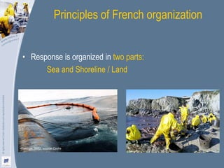Principles of French organization

All rights reserved Cedre, distribution and reproduction prohibited.

• Response is organized in two parts:
Sea and Shoreline / Land

•Prestige, 2002, source Cedre

 