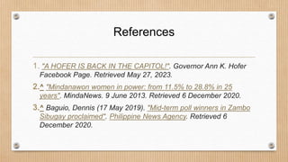 References
1. "A HOFER IS BACK IN THE CAPITOL!". Governor Ann K. Hofer
Facebook Page. Retrieved May 27, 2023.
2.^ "Mindanawon women in power: from 11.5% to 28.8% in 25
years". MindaNews. 9 June 2013. Retrieved 6 December 2020.
3.^ Baguio, Dennis (17 May 2019). "Mid-term poll winners in Zambo
Sibugay proclaimed". Philippine News Agency. Retrieved 6
December 2020.
 
