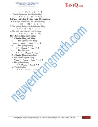 Hệ thống phát triển Toán IQ Việt Nam
Cô Trang – 0948.228.325
-------------***----------------
s = ( v1 + v2 ) × t
c, Tìm thời gian của hai chuyển động:
t = s : ( v1 + v2 )
2. Cùng xuất phát đi cùng chiều để gặp nhau:
a, Tìm hiệu vận tốc của hai chuyển động:
( v1 - v2 ) = s : t
b, Tìm quãng đường của hai chuyển động:
s = ( v1 - v2 ) × t
c, Tìm thời gian của hai chuyển động:
t = s : ( v1 - v2 )
III. Chuyển động dưới nước:
1. Chuyển động xuôi dòng:
a. Tìm vận tốc xuôi dòng:
v×uôi = vthuyền + vnước = s : t
b. Tìm quãng đường:
s = ( vthuyền + vnước ) × t
c. Tìm thời gian:
t = s : ( vthuyền + vnước )
2. Chuyển động ngược dòng:
a. Tìm vận tốc ngược dòng:
Vngược = vthuyền - vnước = s : t
b. Tìm quãng đường:
s = (vthuyền - vnước ) × t
c. Tìm thời gian:
t = s : (vthuyền - vnước)
Đăng ký học tập bồi dưỡng Toán lớp 5 ôn luyện thi Toán Violympic | Cô Trang – 0948.228.325 16
 