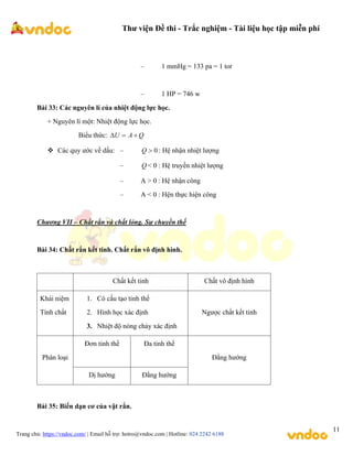 Thư viện Đề thi - Trắc nghiệm - Tài liệu học tập miễn phí
Trang chủ: https://vndoc.com/ | Email hỗ trợ: hotro@vndoc.com | Hotline: 024 2242 6188
11
– 1 mmHg = 133 pa = 1 tor
– 1 HP = 746 w
Bài 33: Các nguyên lí của nhiệt động lực học.
+ Nguyên lí một: Nhiệt động lực học.
Biểu thức: Q
A
U 


 Các quy ước về dấu: – 0

Q : Hệ nhận nhiệt lượng
– Q < 0 : Hệ truyền nhiệt lượng
– A > 0 : Hệ nhận công
– A < 0 : Hện thực hiện công
Chương VII – Chất rắn và chất lỏng. Sự chuyển thế
Bài 34: Chất rắn kết tinh. Chất rắn vô định hình.
Chất kết tinh Chất vô định hình
Khái niệm
Tính chất
1. Có cấu tạo tinh thể
2. Hình học xác định
3. Nhiệt độ nóng chảy xác định
Ngược chất kết tinh
Phân loại
Đơn tinh thể Đa tinh thể
Đẳng hướng
Dị hướng Đẳng hướng
Bài 35: Biến dạn cơ của vật rắn.
 