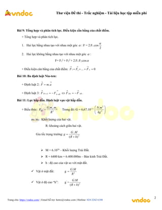 Thư viện Đề thi - Trắc nghiệm - Tài liệu học tập miễn phí
Trang chủ: https://vndoc.com/ | Email hỗ trợ: hotro@vndoc.com | Hotline: 024 2242 6188
2
Bài 9: Tổng hợp và phân tích lực. Điều kiện cần bằng của chất điểm.
+ Tổng hợp và phân tích lực.
1. Hai lực bằng nhau tạo với nhau một góc  : F = 2.F1.cos
2

2. Hai lực không bằng nhau tạo với nhau một góc  :
F= F1
2
+ F2
2
+ 2.F1.F2.cos
+ Điều kiện cân bằng của chất điểm: 0
...
2
1 






n
F
F
F
Bài 10: Ba định luật Niu-tơn:
+ Định luật 2:


 a
m
F .
+ Định luật 3:





 B
A
A
B F
F AB
BA F
F




 .
Bài 11: Lực hấp dẫn. Định luật vạn vật hấp dẫn.
+ Biểu thức: 2
2
1.
.
R
m
m
G
Fhd  Trong đó: G = 6,67.10-11








2
2
.
kg
m
N
m1, m2 : Khối lượng của hai vật.
R: khoảng cách giữa hai vật.
Gia tốc trọng trường: 2
)
(
..
h
R
M
G
g


 M = 6.1024
– Khối lượng Trái Đất.
 R = 6400 km = 6.400.000m – Bán kính Trái Đất.
 h : độ cao của vật so với mặt đất.
 Vật ở mặt đất: g 2
.
R
M
G

 Vật ở độ cao “h”: g’
= 2
)
(
.
h
R
M
G

 
