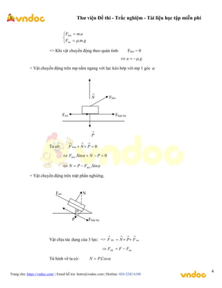 Thư viện Đề thi - Trắc nghiệm - Tài liệu học tập miễn phí
Trang chủ: https://vndoc.com/ | Email hỗ trợ: hotro@vndoc.com | Hotline: 024 2242 6188
4





g
m
F
a
m
F
ms
kéo
.
.
.

=> Khi vật chuyển động theo quán tính: Fkéo = 0
g
a .




+ Vật chuyền động trên mp nằm ngang với lực kéo hớp với mp 1 góc 

N Fkéo
Fms Fhợp lực

P
Ta có: 0






P
N
F Kéo
0
. 


 P
N
Sin
Fkéo 

Sin
F
P
N kéo .



+ Vật chuyển động trên mặt phẳn nghiêng.
Fms N

P Fhợp lực
Vật chịu tác dụng của 3 lực: => ms
HL F
P
N
F







ms
HL F
F
F 


Từ hình vẽ ta có: 
Cos
P
N .

 