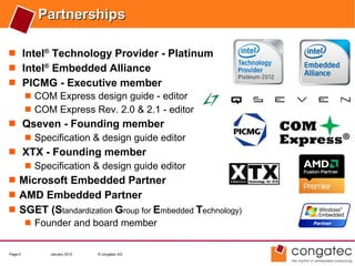 Partnerships

 Intel® Technology Provider - Platinum
 Intel® Embedded Alliance
 PICMG - Executive member
    COM Express design guide - editor
    COM Express Rev. 2.0 & 2.1 - editor
 Qseven - Founding member
    Specification & design guide editor
 XTX - Founding member
    Specification & design guide editor
 Microsoft Embedded Partner
 AMD Embedded Partner
 SGET (Standardization Group for Embedded Technology)
    Founder and board member


Page 6    January 2012   © congatec AG
 