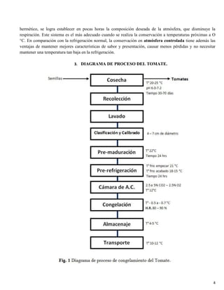 4
hermético, se logra establecer en pocas horas la composición deseada de la atmósfera, que disminuye la
respiración. Este sistema es el más adecuado cuando se realiza la conservación a temperaturas próximas a O
°C. En comparación con la refrigeración normal, la conservación en atmósfera controlada tiene además las
ventajas de mantener mejores características de sabor y presentación, causar menos pérdidas y no necesitar
mantener una temperatura tan baja en la refrigeración.
3. DIAGRAMA DE PROCESO DEL TOMATE.
 