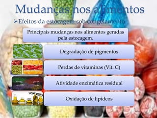 Mudanças nos alimentos
Principais mudanças nos alimentos geradas
pela estocagem.
Degradação de pigmentos
Perdas de vitaminas (Vit. C)
Atividade enzimática residual
Oxidação de lipídeos
Efeitos da estocagem sob congelamento
 