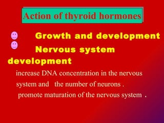 Action of thyroid hormones Growth and development  Nervous system development  increase DNA concentration in the nervous  system and  the number of neurons .   promote maturation of the nervous system  . 
