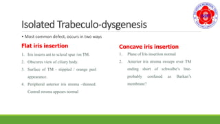 Isolated Trabeculo-dysgenesis
• Most common defect, occurs in two ways
Concave iris insertion
1. Plane of Iris insertion normal
2. Anterior iris stroma sweeps over TM
ending short of schwalbe’s line-
probably confused as Barkan’s
membrane?
Flat iris insertion
1. Iris inserts ant to scleral spur /on TM.
2. Obscures view of ciliary body.
3. Surface of TM - stippled / orange peel
appearance.
4. Peripheral anterior iris stroma –thinned.
Central stroma appears normal
 