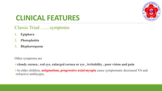 CLINICAL FEATURES
Classic Triad ……symptoms
1. Epiphora
2. Photophobia
3. Blepharospasm
Other symptoms are
cloudy cornea , red eye, enlarged cornea or eye , irritability , poor vision and pain
In older children, astigmatism, progressive axial myopia cause symptomatic decreased VA and
refractive amblyopia.
 