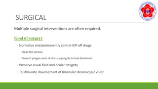 SURGICAL
Multiple surgical interventions are often required.
Goal of surgery
◦ Normalize and permanently control IOP off drugs
◦ Clear the cornea
◦ Prevent progression of disc cupping &corneal diameters
◦ Preserve visual field and ocular integrity
◦ To stimulate development of binocular stereoscopic vision
 