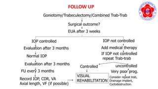 Goniotomy/Trabeculectomy/Combined Trab-Trab
Surgical outcome?
EUA after 3 weeks
IOP controlled
Evaluation after 3 months
Normal IOP
Evaluation after 3 months
FU every 3 months
Record IOP, CDR, VA
Axial length, VF (if possible)
IOP not controlled
Add medical therapy
If IOP not controlled
repeat Trab-trab
Controlled
VISUAL
REHABILITATION
uncontrolled
Very poor prog.
Consider repeat trab,
Drainage implant,
Cyclodestruction.
FOLLOW UP
 