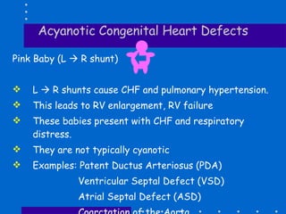 Acyanotic Congenital Heart Defects <ul><li>Pink Baby (L    R shunt)  </li></ul><ul><li>L    R shunts cause CHF and pulmo...