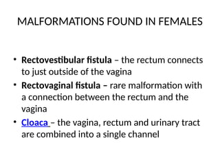 MALFORMATIONS FOUND IN FEMALES
• Rectovestibular fistula – the rectum connects
to just outside of the vagina
• Rectovaginal fistula – rare malformation with
a connection between the rectum and the
vagina
• Cloaca – the vagina, rectum and urinary tract
are combined into a single channel
 