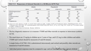 • The key diagnostic maneuver is to measure 17OHP and Other steroids in response to intravenous synthetic
ACTH.
• The usual doses are 15 mg/kg in children up to 2 years of Age, and 0.25 mg in older children and adults.
17OHP and Cortisol should be measured at 0 and 60 minutes.
• A single bolus of ACTH(1-24) is administered intravenously and cortisol and possibly other steroids are
measured at 0 and 60 minutes.
• Individual patient responses must be compared to age- and sex matched data from normal children
 