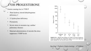 17OH PROGESTERONE
Factors causing rise in 17OH P
• 3beta hydroxy steroid dehydrogenase
deficiency 2
• 11 hydroxylase deficiency
• Prematurity
• Severe stress in neonates (eg: cardiac/
pulmonary disease)
• Maternal administration of steroids like dexa
suppresses 17OHP levels
Sperling’s Pediatric Endocrinology – 4th
Edition
 