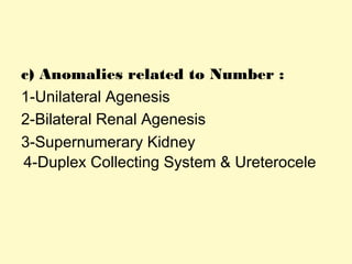 c) Anomalies related to Number :
1-Unilateral Agenesis
2-Bilateral Renal Agenesis
3-Supernumerary Kidney
4-Duplex Collecting System & Ureterocele
 