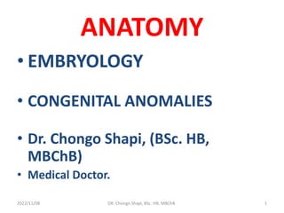 ANATOMY
• EMBRYOLOGY
• CONGENITAL ANOMALIES
• Dr. Chongo Shapi, (BSc. HB,
MBChB)
• Medical Doctor.
2022/11/08 DR. Chongo Shapi, BSc. HB, MBChB. 1
 