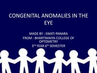 CONGENITAL ANOMALIES IN THE
EYE
MADE BY : SWATI PANARA
FROM : BHARTIMAIYA COLLEGE OF
OPTOMETRY
3rd YEAR 6th SEMESTER
 