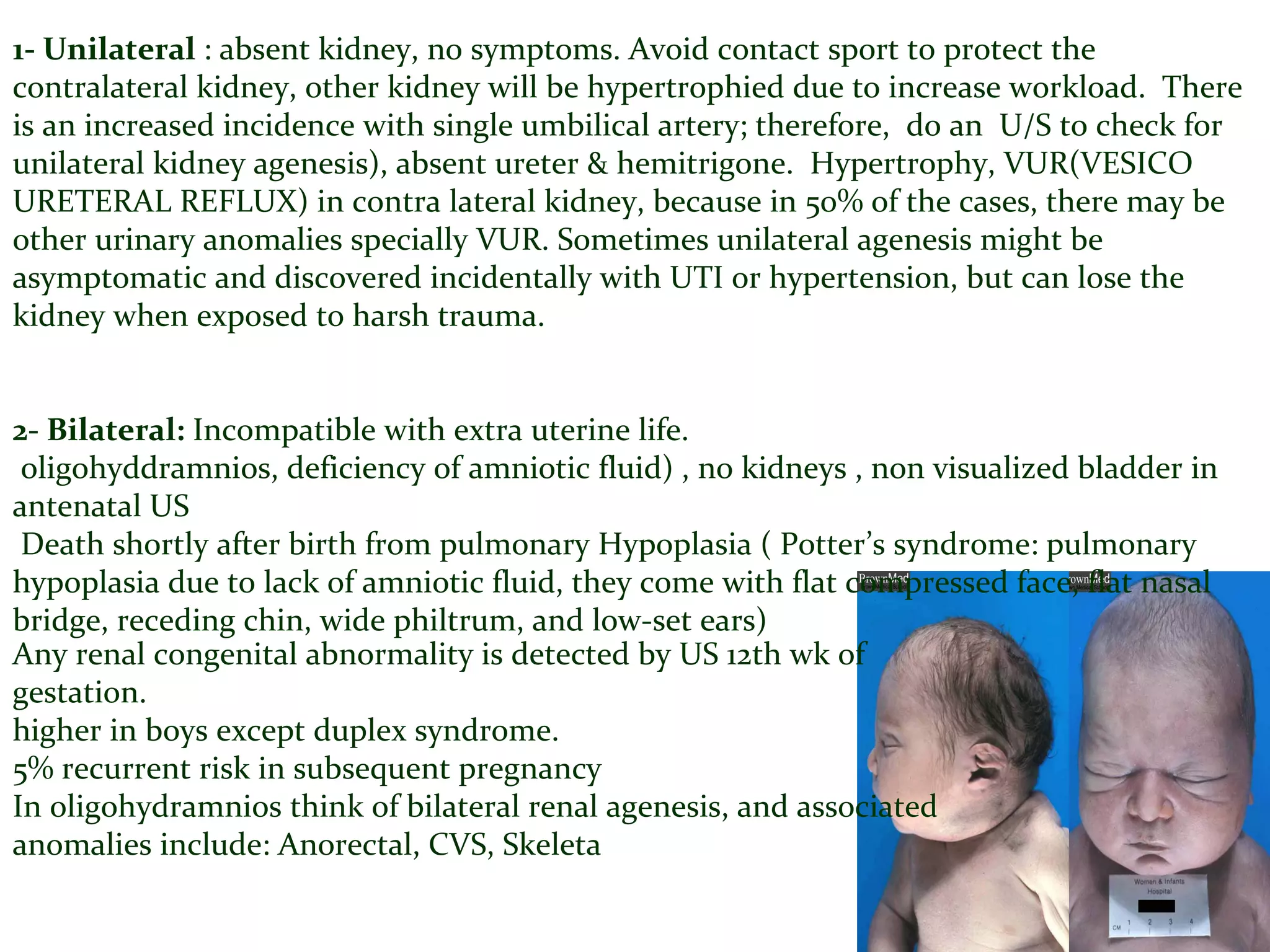 1- Unilateral : absent kidney, no symptoms. Avoid contact sport to protect the
contralateral kidney, other kidney will be hypertrophied due to increase workload. There
is an increased incidence with single umbilical artery; therefore, do an U/S to check for
unilateral kidney agenesis), absent ureter & hemitrigone. Hypertrophy, VUR(VESICO
URETERAL REFLUX) in contra lateral kidney, because in 50% of the cases, there may be
other urinary anomalies specially VUR. Sometimes unilateral agenesis might be
asymptomatic and discovered incidentally with UTI or hypertension, but can lose the
kidney when exposed to harsh trauma.
2- Bilateral: Incompatible with extra uterine life.
oligohyddramnios, deficiency of amniotic fluid) , no kidneys , non visualized bladder in
antenatal US
Death shortly after birth from pulmonary Hypoplasia ( Potter’s syndrome: pulmonary
hypoplasia due to lack of amniotic fluid, they come with flat compressed face, flat nasal
bridge, receding chin, wide philtrum, and low-set ears)
Any renal congenital abnormality is detected by US 12th wk of
gestation.
higher in boys except duplex syndrome.
5% recurrent risk in subsequent pregnancy
In oligohydramnios think of bilateral renal agenesis, and associated
anomalies include: Anorectal, CVS, Skeleta
 