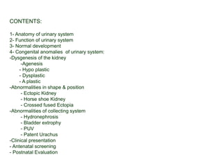 CONTENTS:
1- Anatomy of urinary system
2- Function of urinary system
3- Normal development
4- Congenital anomalies of urinary system:
-Dysgenesis of the kidney
-Agenesis
- Hypo plastic
- Dysplastic
- A plastic
-Abnormalities in shape & position
- Ectopic Kidney
- Horse shoe Kidney
- Crossed fused Ectopia
-Abnormalities of collecting system
- Hydronephrosis
- Bladder extrophy
- PUV
- Patent Urachus
-Clinical presentation
- Antenatal screening
- Postnatal Evaluation
 