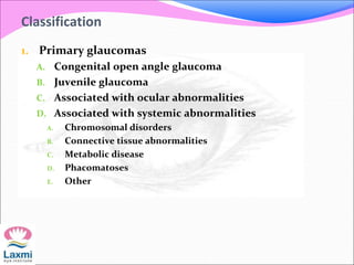 Classification
1. Primary glaucomas
A. Congenital open angle glaucoma
B. Juvenile glaucoma
C. Associated with ocular abnormalities
D. Associated with systemic abnormalities
A. Chromosomal disorders
B. Connective tissue abnormalities
C. Metabolic disease
D. Phacomatoses
E. Other
 