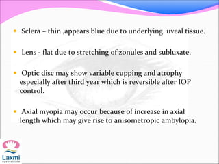  Sclera – thin ,appears blue due to underlying uveal tissue.
 Lens - flat due to stretching of zonules and subluxate.
 Optic disc may show variable cupping and atrophy
especially after third year which is reversible after IOP
control.
 Axial myopia may occur because of increase in axial
length which may give rise to anisometropic ambylopia.
 