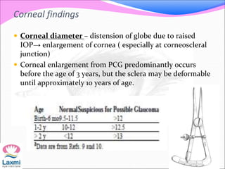Corneal findings
 Corneal diameter – distension of globe due to raised
IOP→ enlargement of cornea ( especially at corneoscleral
junction)
 Corneal enlargement from PCG predominantly occurs
before the age of 3 years, but the sclera may be deformable
until approximately 10 years of age.
 