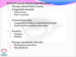  D/d of Corneal edema/opacification
A. Forceps related birth trauma
B. Congenital anomaly
1. Sclerocornea
2. Peter’s anomaly
C. Corneal dystrophy
A. Congenital hereditary endothelial dystrophy
B. Posterior Polymorphous dystrophy
D. Keratitis
A. Herpetic
B. Rubella
E. Storage (metabolic) disorder
A. Mucopolysaccharidosis
B. Mucolipidoses
 