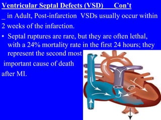 Ventricular Septal Defects (VSD) Con’t
_ in Adult, Post-infarction VSDs usually occur within
2 weeks of the infarction.
• Septal ruptures are rare, but they are often lethal,
with a 24% mortality rate in the first 24 hours; they
represent the second most
important cause of death
after MI.
 