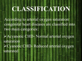 CLASSIFICATION
According to arterial oxygen saturation
congenital heart diseases are classified into
two main categories:
Acyanotic CHD- Normal arterial oxygen
saturation
Cyanotic CHD- Reduced arterial oxygen
saturated
 