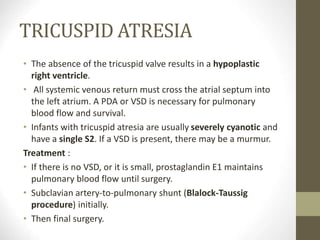 TRICUSPID ATRESIA
• The absence of the tricuspid valve results in a hypoplastic
right ventricle.
• All systemic venous return must cross the atrial septum into
the left atrium. A PDA or VSD is necessary for pulmonary
blood flow and survival.
• Infants with tricuspid atresia are usually severely cyanotic and
have a single S2. If a VSD is present, there may be a murmur.
Treatment :
• If there is no VSD, or it is small, prostaglandin E1 maintains
pulmonary blood flow until surgery.
• Subclavian artery-to-pulmonary shunt (Blalock-Taussig
procedure) initially.
• Then final surgery.
 