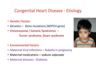 Congenital Heart Disease - Etiology
• Genetic Factors
• Genetics – Gene mutations (NOTCH gene)
• Chromosomal / Genetic Syndromes –
Turner syndrome, Down syndrome
• Environmental Factors
• Maternal Viral Infections – Rubella in pregnancy
• Maternal medications – sodium valproate
• Maternal diseases - Diabetes
 