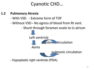 Cyanotic CHD…
1.2   Pulmonary Atresia
      - With VSD - Extreme form of TOF
      - Without VSD - No egress of blood from Rt vent.
              - Shunt through foramen ovale to Lt atrium

                    Left ventricle
                              systemic circulation
                      Aorta
                                   pulmonic circulation

      - Hypoplastic right ventricle (PDA)

                                                           58
 