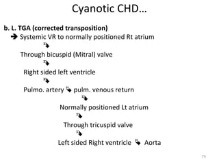 Cyanotic CHD…
b. L. TGA (corrected transposition)
   Systemic VR to normally positioned Rt atrium
               
       Through bicuspid (Mitral) valve
               
        Right sided left ventricle
               
        Pulmo. artery  pulm. venous return
                             
                     Normally positioned Lt atrium
                           
                      Through tricuspid valve
                           
                    Left sided Right ventricle  Aorta
                                                         74
 